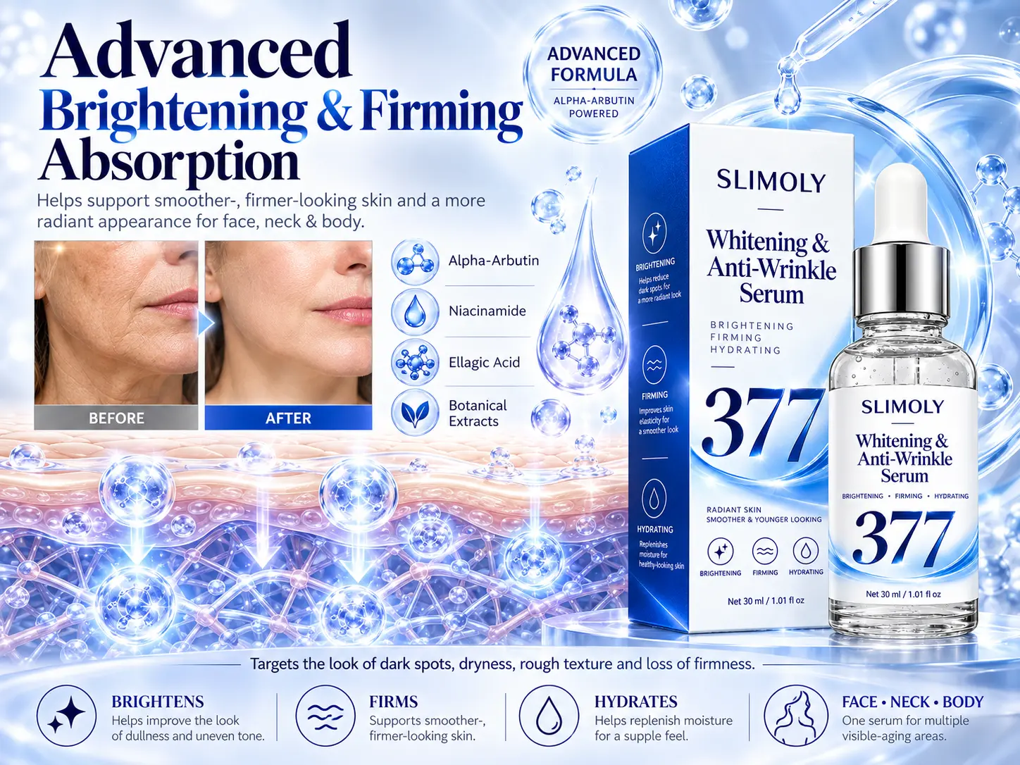 SLIMOLY Brightening Dark Spot Serum – For Face, Neck & Hands – Helps Fade the Look of Dark Spots & Uneven Tone – 70% OFF + 🎁 Free Derma Roller Today